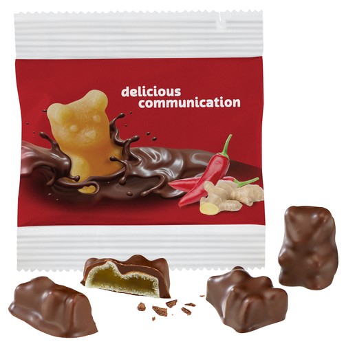 Chocoladefruitgumbeertjes in een papieren zak