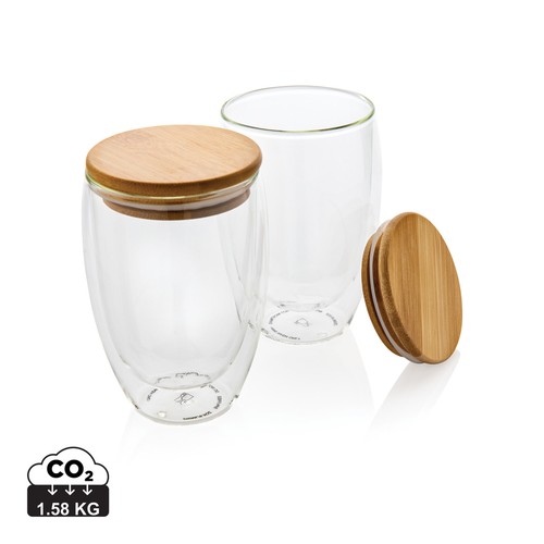 [P432.270] Dubbelwandig borosilicaatglas met bamboe deksel 350ml set