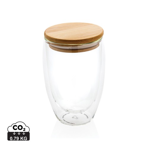 [P432.170] Dubbelwandig borosilicaatglas met bamboe deksel 350ml
