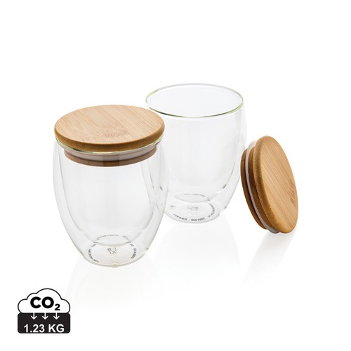 [P432.140] Dubbelwandig borosilicaatglas met bamboe deksel 250ml set